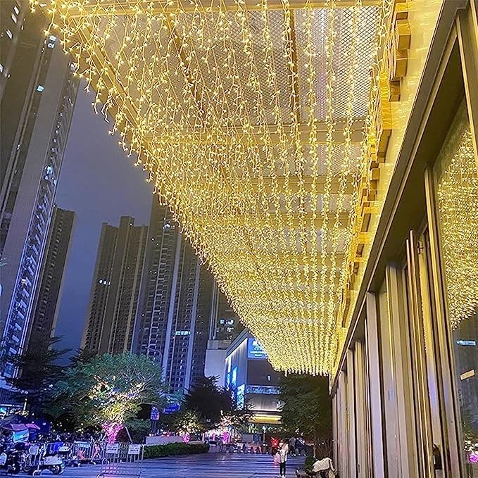 LED Icicle Lights, 8 Modes 19.7FT 150 LEDs Christmas Short Curtain Fairy Hanging Ceiling Extendable Lights for Wedding Balcony Doorway Outdoor Indoor Decoration Warm White, 6M05