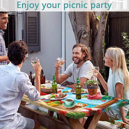 Picnic Table Cover with Bench Covers and Bag, Camping Essentials, Tropical Christmas Santa Waterproof Washable Camping Tablecloth, Fitted Rectangle Tables and Seats for Indoor, Outdoor 3Pcs 30x60 Inch