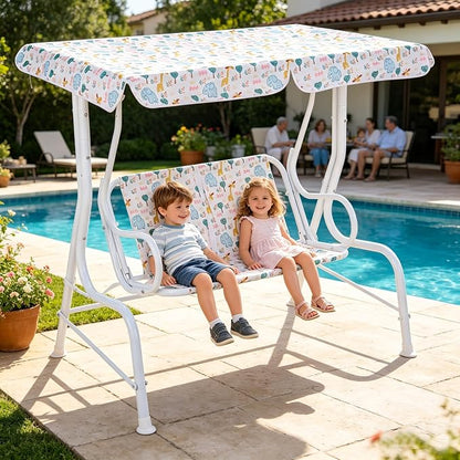 HONEY JOY Kids Patio Swing, 2-Seater Outdoor Porch Swing Lounge Chair, Adjustable Canopy & Safety Belt, All Weather Resistant Waterproof Hanging Swing Bench for Garden Poolside Balcony(White Elephant)
