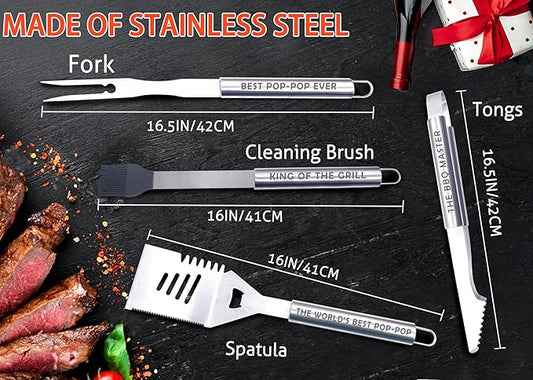 Bonsai Tree Pop Pop Gifts, Pop Gifts from Grandkids, Grill Tools for Pop Ever Present - Cool Grilling BBQ Set for Grandpa- Stainless Steel Tool Heavy Duty Set 4