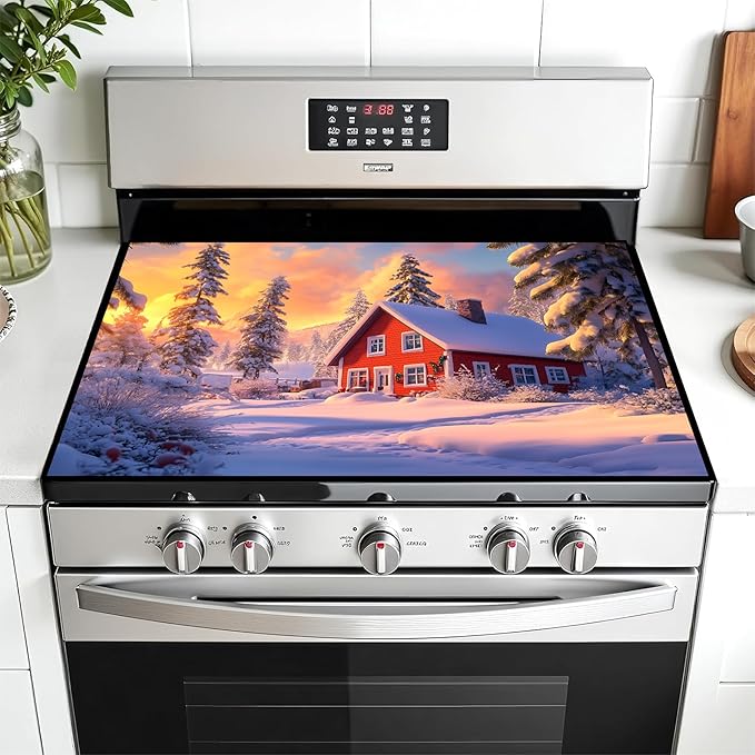 Christmas Multi-Design Stove Cover for Glass/Electric Stoves - 3-in-1 Heat-Resistant Protector Mat, Non-Slip Drying Rack 28"x20"