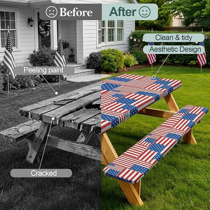 Picnic Table Cover with Bench Covers Camping Essentials Waterproof Windproof Camping Tablecloth with Drawstring Bag, Fitted Rectangle Tables and Seats, 96in, Red Blue White