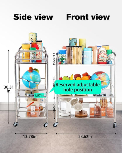 susunnus Stainless Steel Cart,Movable,3 Tier,for Kitchen,Living Room | with Brakeable Wheels,Removable checkered panel,for Bathroom,Dining Room,Stainless Steel Kitchen Cart,Utility Cart,Metal Cart