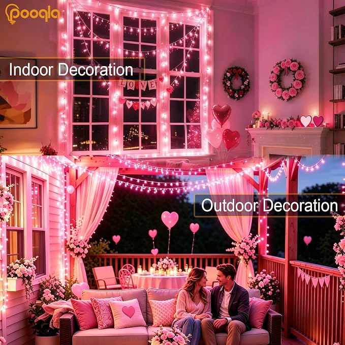 Pooqla 4 Pack String Lights Battery Operated, Total 66.6ft 200 LED Fairy Lights Indoor Outdoor Decorations, 8 Modes Pink Battery Lights for Bedroom Classroom Porch Party Yard Wedding Decor