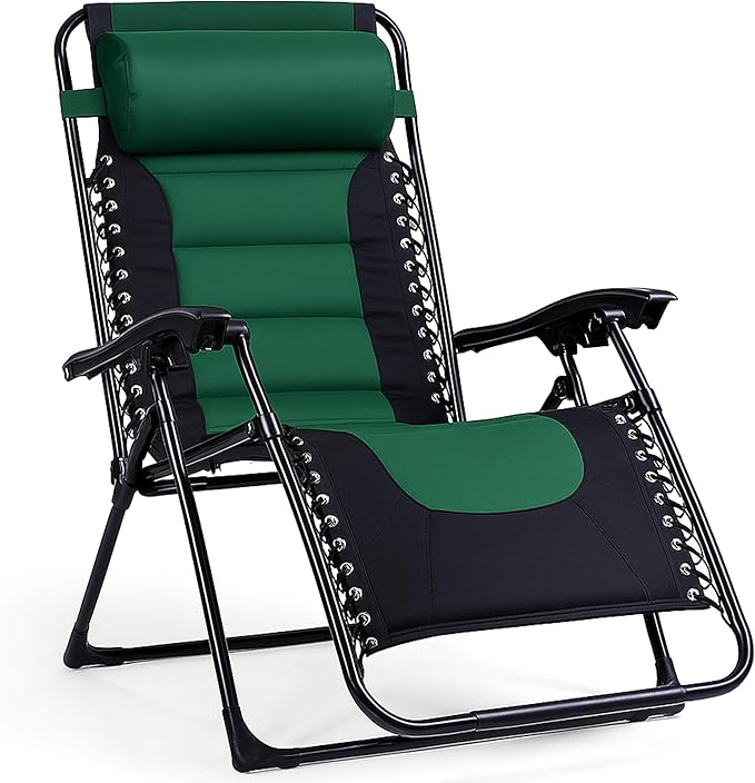 Backyard Expressions Deluxe XL Padded Recliner Zero Gravity Chair – Ergonomic Anti-Gravity Lounger with Folding Design, Side Tray, and Adjustable Headrest