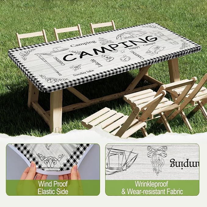 Irisbell Picnic Table Cover with Elastic Edge,6FT Wind Proof Wrinkleproof Fitted Tablecloth Cover Camping Beach Patio Rectangle Table Cloth for Indoor Outdoor (Camping White, 30'' x 72'')