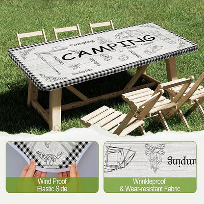 Irisbell Picnic Table Cover with Elastic Edge,6FT Wind Proof Wrinkleproof Fitted Tablecloth Cover Camping Beach Patio Rectangle Table Cloth for Indoor Outdoor (Camping White, 30'' x 72'')
