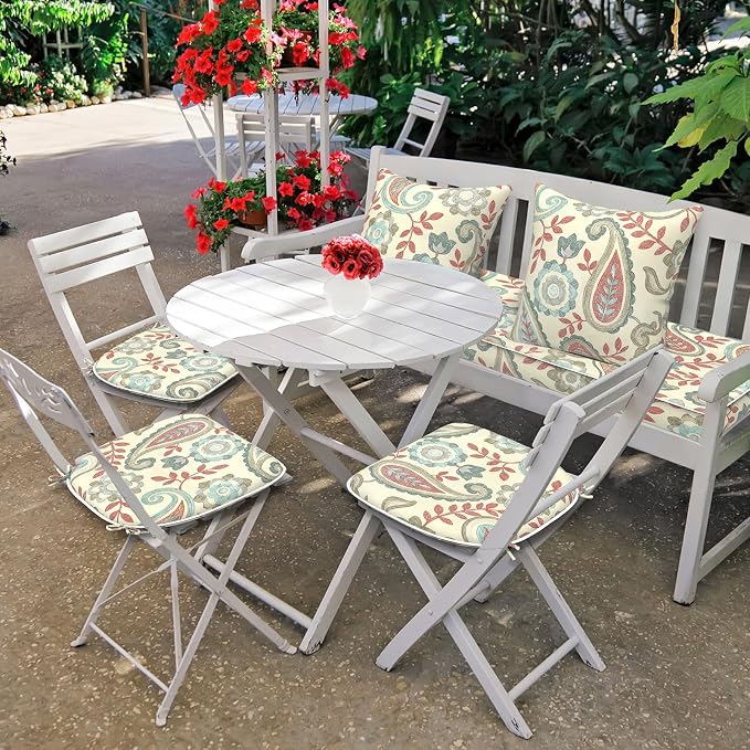 DYTXIII Set of 4 Outdoor Chair Cushions with Ties,Water Repellent Patio Chair Pads 17"x 16" for Outdoor Furniture,Round Corner Seat Cushions for Garden Yard Kitchen Paisley Vintage