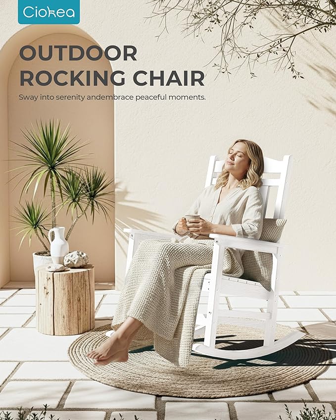 Ciokea Oversized Outdoor Rocking Chairs Set of 6, 380lbs Heavy-Duty Large Patio Rocker, High Back Cozy Porch Chairs, Weather Resistant Patio Rocking Chairs for Outside, Fire Pit, Deck, White