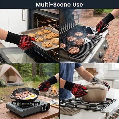 Extra Long BBQ Gloves, 1472°F Extreme Heat Resistant Silicone Grilling Gloves, Non-Slip 5-Finger Oven Mitts for Smoking, Cooking, Baking, Campfire