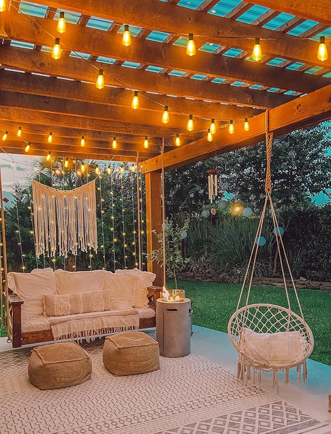 Larkvue 96FT(2x48FT) Solar Outdoor String Lights with Remote & Timer, Dimmable Patio Lights with 30+2 Shatterproof ST38 LED Bulbs for Outside-Black