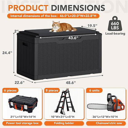 110 Gallon Deck Box Outdoor Indoor Waterproof Storage Box for Patio Furniture, Pool Accessories, Garden Tools, and Cushion Storage, Black