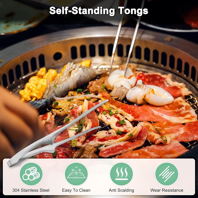 M METERXITY 3 Pcs Korean and Japanese BBQ Tongs 11.2 Inch Barbecue Tongs 304 Stainless Steel Kitchen Self-Standing Grill Non-Slip for Grill/Salad/Camping/Cooking [Silver]