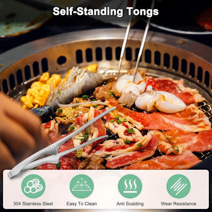 M METERXITY 3 Pcs Korean and Japanese BBQ Tongs 11.2 Inch Barbecue Tongs 304 Stainless Steel Kitchen Self-Standing Grill Non-Slip for Grill/Salad/Camping/Cooking [Silver]