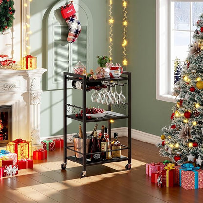 TUTOTAK Bar Cart with Wheels, Mini Drink Cart with Wine Rack & Glass Holder | 3-Tier 17 Inch Wide Home Bar Serving Carts, Small Mobile Kitchen Shelf with 6 Hooks, Black V1BC01BK035