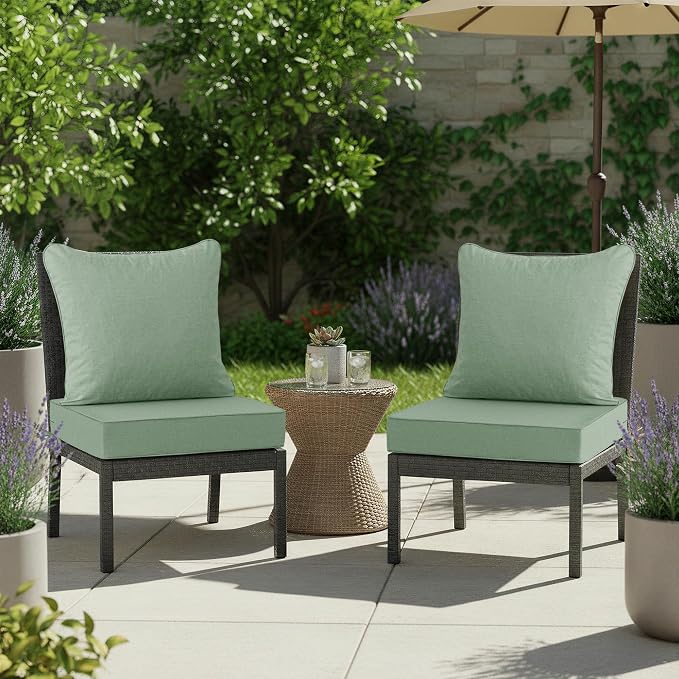 Summsun Outdoor Cushions for Patio Furniture, Faux Linen Water Resistant Backrest and Deep Seat Cushion Set with Removable Cover, Straps, Non-Slip Bottom, 24 x 24 Inch, Sage Green, Set of s