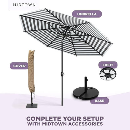 Midtown Umbrellas The Lean 8 Feet Outdoor Umbrella With Terylast Matter Stripes (Grey/White Stripes) Polyester Fabric - Auto-Tilt Aluminum Frame Patio Umbrella For Deck, Garden, Pool - Black Pole