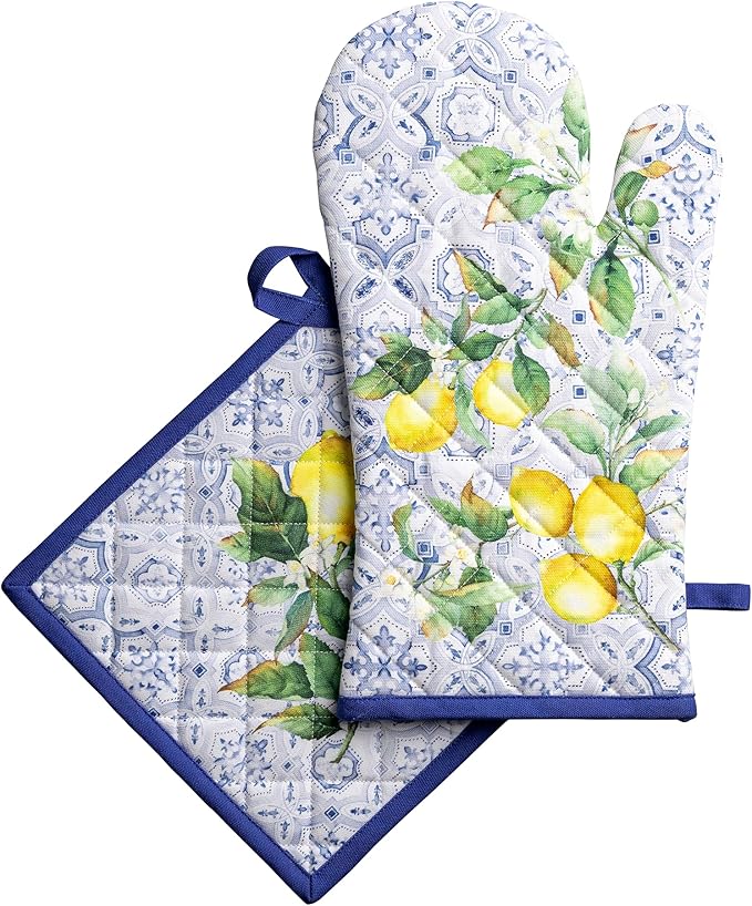 Maison d' Hermine 100% Cotton Oven Mitt & Pot Holder Set (7.5"x13" & 8"x8") Heat Resistant BBQ Cooking Gloves with Loop Baking Grilling Kitchen Hotel Home Farmhouse Spring Summer (Citrus)