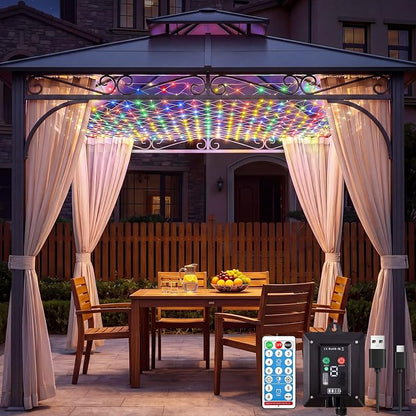 10x10FT Solar Christmas Net Lights Outdoor Waterproof with Remote | 240LED 8 Modes Solar & USB Powered Mesh Lights with Green Wire for Gazebo, Bush, Garden Shrubs, Lawn, Patio Decor, Multicolor