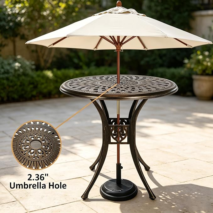 30.31" Outdoor Patio Dining Table, Cast Aluminum Patio Bistro Table, Round Patio Metal Table, Patio Furniture Set with 2.36" Umbrella Hole for Balcony Lawn Garden Backyard