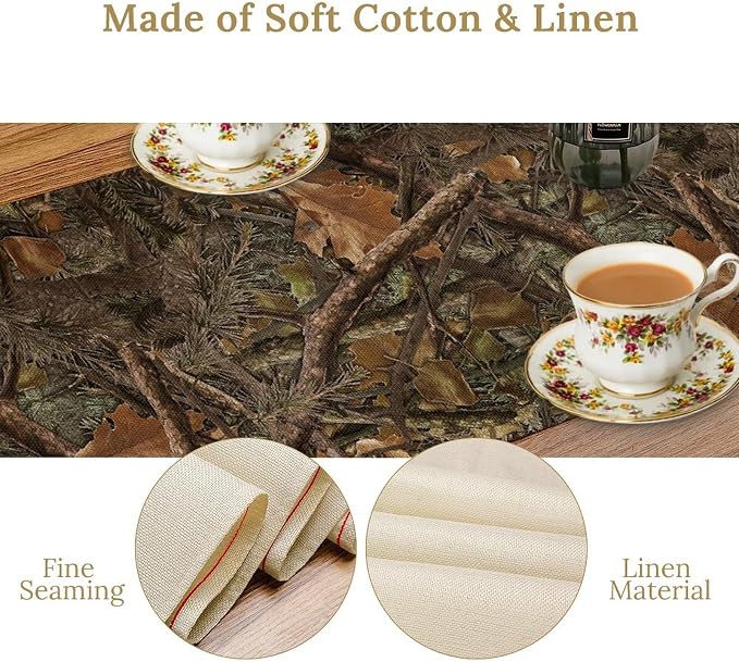 Forest Camouflage Style Table Runner, Forest Camo Conifer Oak Branches Leaves Mossy Hunting Lodge Camp Cabin Pattern for Kitchen CoffeeTea Table Dinner Room 13x120in