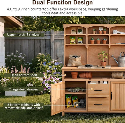 Merax 45.3" Large Outdoor Fir Wood Potting Bench with Storage, Multi-Functional Patio Kitchen Island, 6-Shelf Hutch+2 Cabinets+2 Drawers+3 Hooks, Garden Workstation for Planting, Gardening, Natural