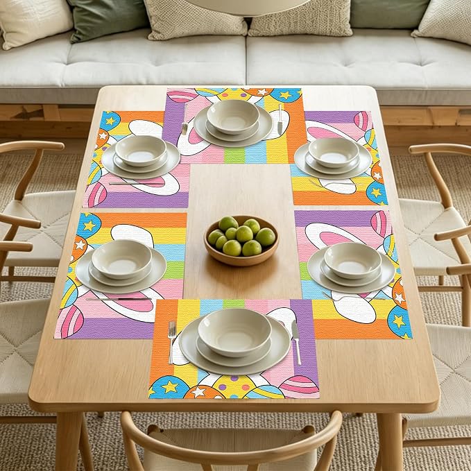 Nuxovilar Set of 7 Easter Table Runner & Placemats | Rainbow Easter bunny and egg design linen placemat set. Festive dining accessories for spring gatherings.