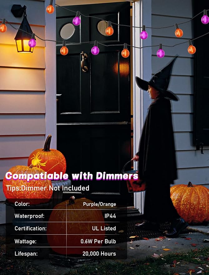 50ft Halloween Outdoor String Lights, G40 LED Halloween Globe Lights with 27 Frosted Orange and Purple Bulbs(2 Spare) for Outdoor Indoor Patio Yard Roofline Decorations, E12 Socket, Black Wire
