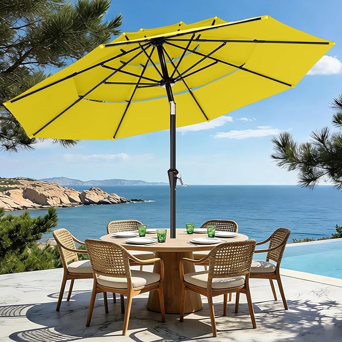 AreShark 9ft 3-Tier Patio Umbrellas, Outdoor Umbrella with 8 Sturdy Ribs UV Protection Windproof, Market Table Umbrella w/Push Button Tilt & Crank for Pool, Porch, Deck, Garden(Yellow)