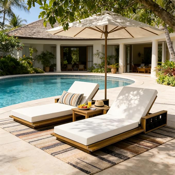 Merax Outdoor Chaise Lounge with 4-Position Adjustable Backrest, Acacia Wood Sunbathing Recliner Chair & 4" Thick Double-fold Cushion for Poolside, Garden, Backyard, Patio, Beige
