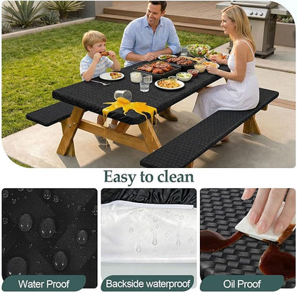 Picnic Table Cover Bench Covers Camping Essentials Tablecloth | Waterproof Vinyl for Outdoor, Windproof Elastic Fitted Edges, RV BBQ Accessories Must Haves, Storage Bag Included