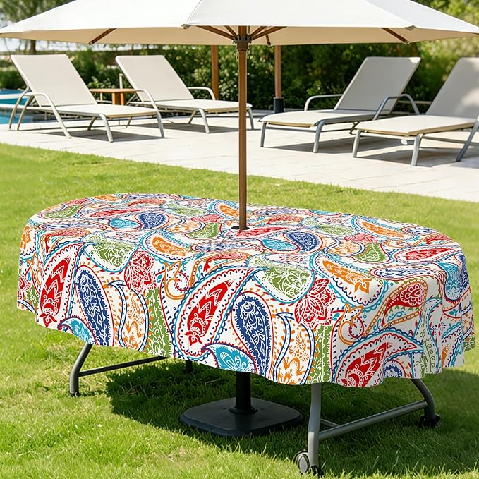 Outdoor Tablecloth with Umbrella Hole Elegant Zipper Patio Table Cloth for Outdoor Patio Garden Yard Decor