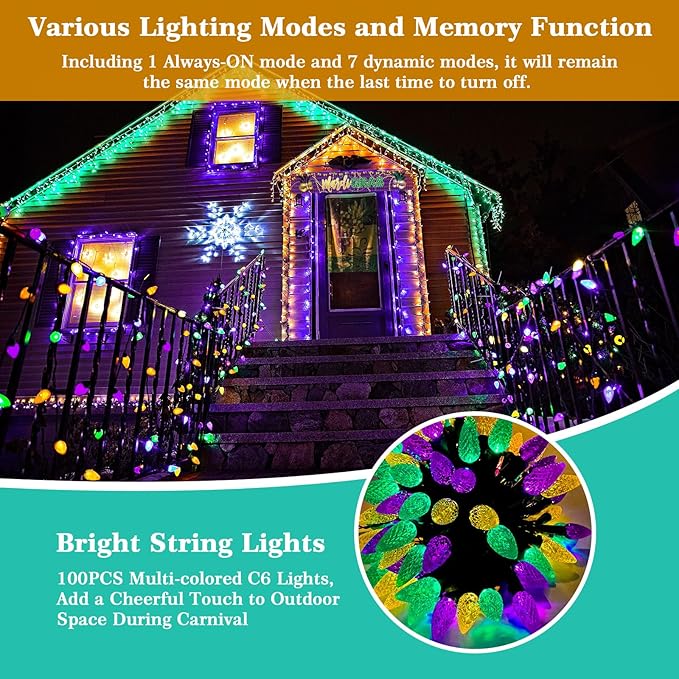 ReyeeInc Solar Mardi Gras Lights, Solar Powered Outdoor Waterproof String Lights with 39FT 100 Count C6 Strawberry Lights and 8 Modes for Outside Mardi Gras Tree Carnival Porch Fence Party Decors