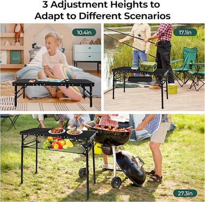 Folding Camping Table with Storage Net,3ft Portable Aluminum Folding Table with 3 Adjustable Height Max 27.3 Inch for Outdoor Backyard BBQ Picnic Cooking Tents Beach Indoor Bedroom（Black）