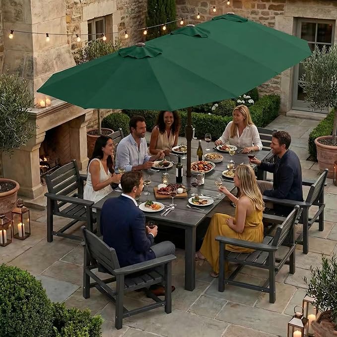 Kingdura 15ft Large Patio Umbrella with Base Included, Double-Sided Rectangle Outdoor Table Umbrella with 12 Reinforced Ribs, Crank Lift for Market Pool Deck Backyard, Dark green