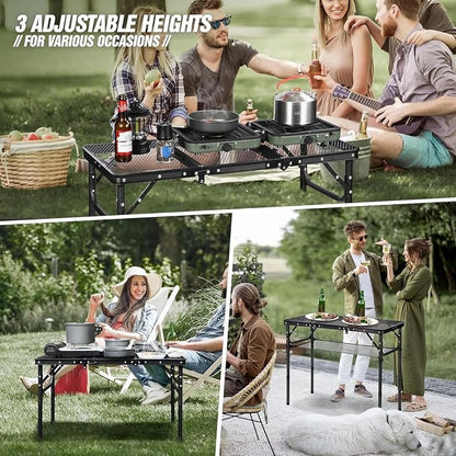 REDCAMP Small Triple fold Folding Grill Table for Outside, 3 Heights Adjustable Lightweight Portable Metal Frame Outdoor Table for Camping Picnic Cooking BBQ, Black, 34x16 inches