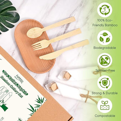 Napkin and Bamboo Cutlery Set, Compostable Utensils Disposable Cutlery for Party, Wedding, BBQ, Camping, Events-50 Pack (Forks, Knives, Spoons, Rolled Napkins)