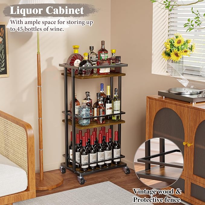OKZEST 3-Tier Bar Cart for Home, Mini Rolling Liquor Cabinet & Serving Cart | Small alcohol coffee bar cart for party, Holds wine, liquor, beverage, glassware, shaker, coffee supplies, Rustic farmhouse
