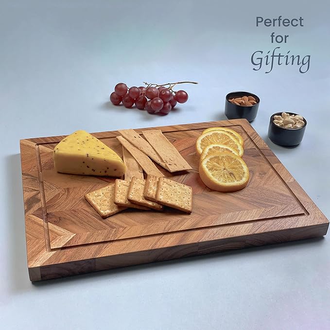The Fine Living Co. Large Cutting Board, Acacia Wood Meat Chopping Board, Butcher Block with Juice Groove, Chevron Chequered Style, 1" Thick & Food-grade Serving Board, 16"x12"