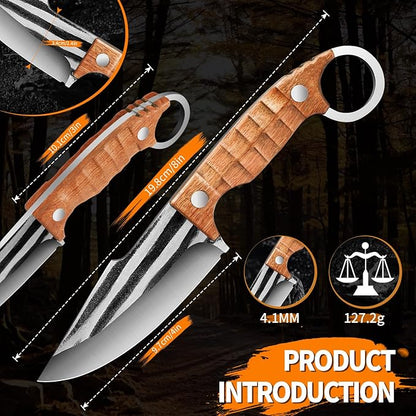 Plys Survival Knife 4” Full Tang Fixed Blade - Stainless Steel Hunting Camping Knife with Ergonomic Rosewood Handle & PU Leather Sheath for Outdoor Survival BBQ EDC