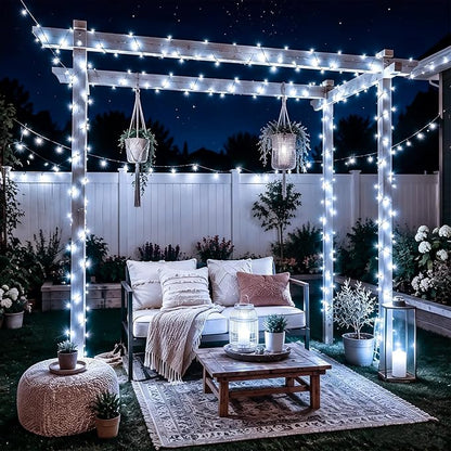 YEGUO Solar String Lights Outdoor Waterproof, 2 Packs Each 33ft 100 LED White Lights, 8 Modes Twinkle Light for Christmas Tree Outside Garden Yard Xmas Decor