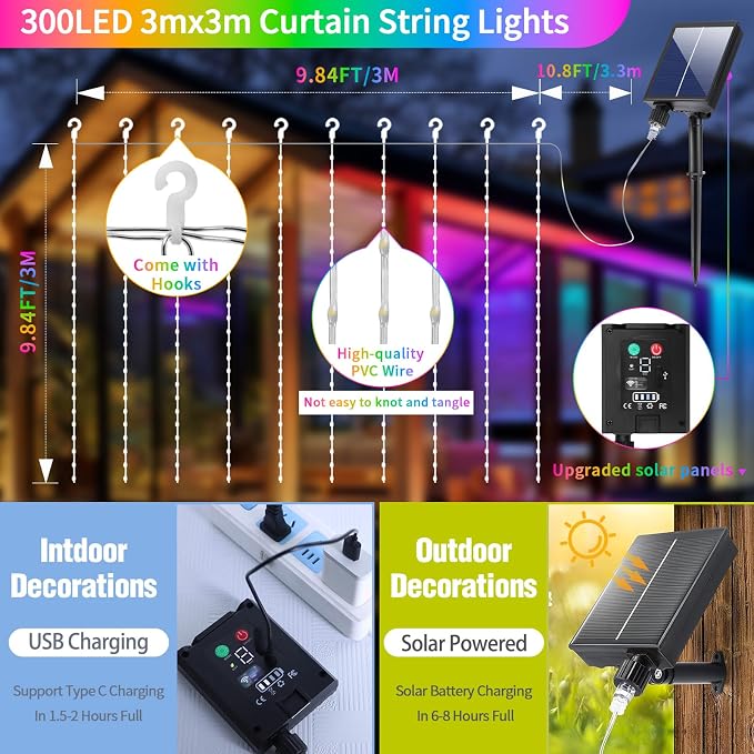 Solar Curtain Lights Outdoor Waterproof 10x10Ft 300LED Multicolor Cool White Dual Color Changing Fairy String Lights with Dimmable Remote Timer Memory for Christmas Balcony Pergola Patio