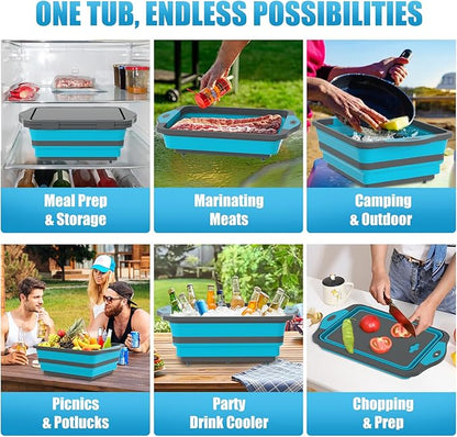 HI NINGER BBQ Prep Tub with Lid, Collapsible Camping Sink with Colander, Cutting Board & Knife Set for Grilling, Smoking & Outdoor Cooking, Collapsible Wash Basin for RV Camping Essentials