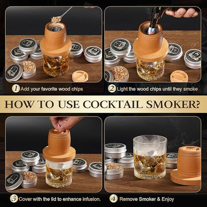 G GOOD GAIN Whiskey Smoker Kit with Torch - Old Fashioned Cocktail Smoker Kit with 6 Flavors Wood Chips | Drink Bourbon Infuser Set with 4 Stainless Steel Ice Stone for Men, Dad (No Fuel Included)