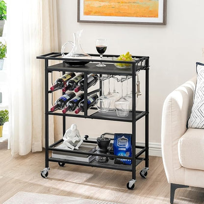 MAHANCRIS Bar Cart for Home, 3-Tier Serving Cart with Wheels and Handle, Beverage Cart with Wine Rack and Glass Holders, Rolling Wine Cart for Kitchen, Dining Room, Charcoal Gray and Black RCHT6101