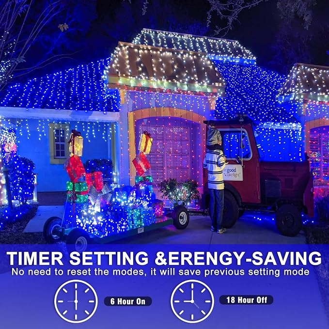 262FT 800 LED Outdoor String Lights, Blue Christmas Lights Indoor | Plug in Waterproof 8 Modes Clear Wire String Twinkle Lights for Bedroom Outside Patio Yard Xmas Party Wedding Decorations