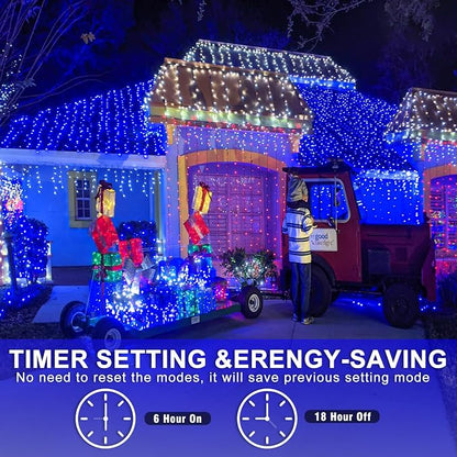 197FT 600 LED Outdoor String Lights, Blue Christmas Lights Indoor | Plug in Waterproof 8 Modes Clear Wire String Twinkle Lights for Bedroom Outside Patio Yard Xmas Party Holiday Decorations
