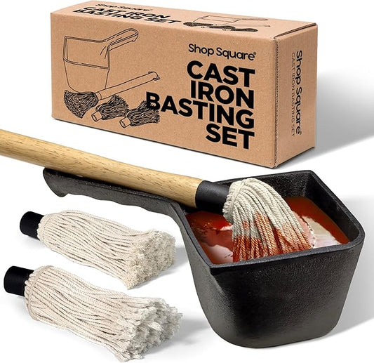 Cast Iron Sauce Pot with BBQ Mop Brush – Small Cast Iron Basting Pot & Mop Brush for Grilling, Smoking, and Saucing – BBQ Mop Brushes for Sauce, 24 Oz