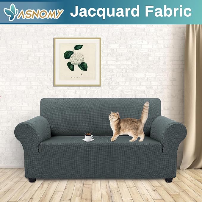 Asnomy Stretch Couch Covers Washable, loveseat Covers Slipcovers,Gray | 1-Piece Sofa Cover(55"-78") loveseat cover Furniture Protector Soft Jacquard,Non-Slip Elastic Bottom for Dogs & Kids