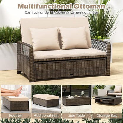 Tangkula Patio Rattan Daybed with 4-Level Adjustable Backrest, 2-Person Outdoor Wicker Loveseat with Storage Ottoman & Soft Cushions, Double Sunbed Lounger for Backyard, Porch, Poolside (Beige)